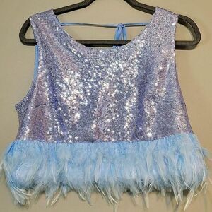 NWT Day + Moon Women's Med Blue Sequin Feather Crop Top Festival Showgirl Glam